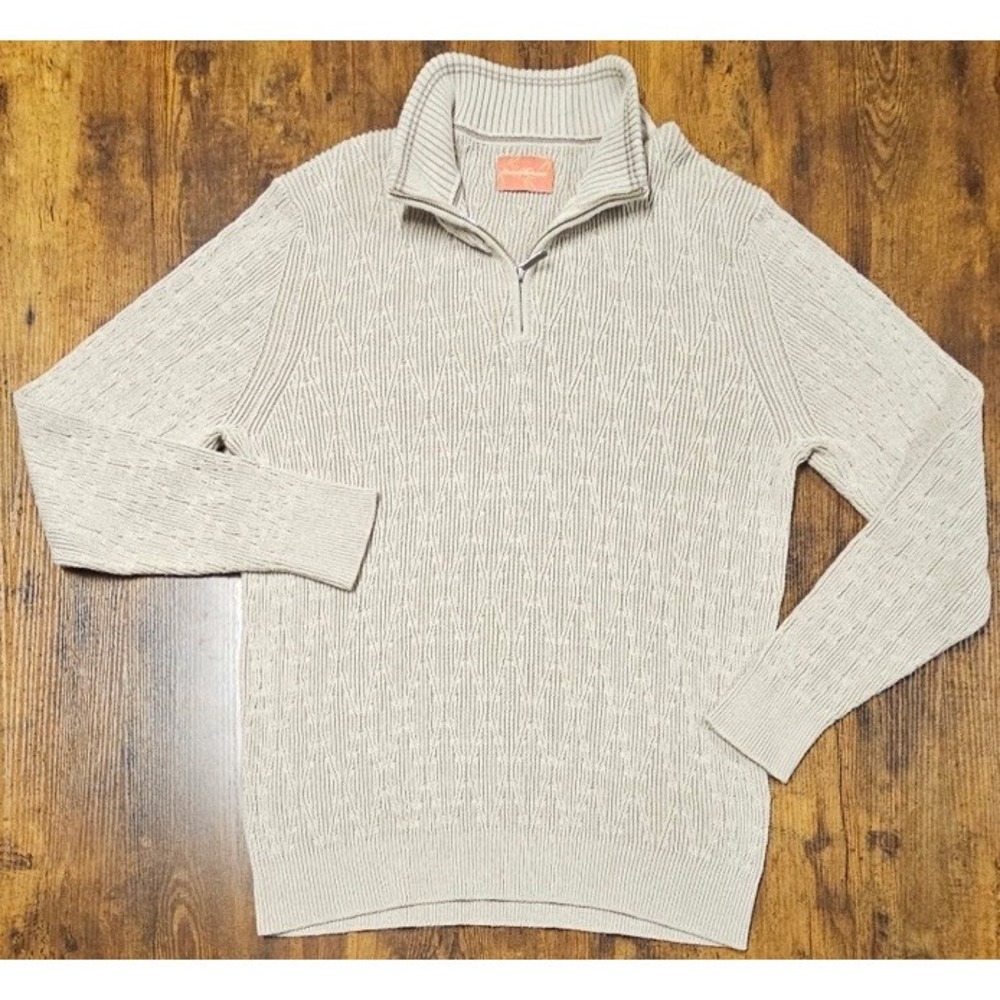 Tommy Bahama Sweater Men's Size Large Beige 1/4 Zip Pullover Long Sleeve